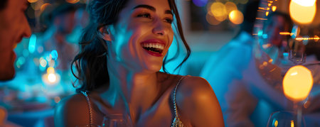 Friends laughing and dining together having a great time at night. Concept Nighttime Gathering, Friendship Moments, Laughter and Fun, Dining Experience, Socializing Togetherの素材