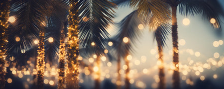 Festive palm trees adorned with Christmas lights against night sky backdrop. Concept Christmas Lights, Palm Trees, Festive Decor, Night Sky, Holiday Spiritの素材