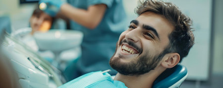 Man grinning in dentist's chair during dental check-up. Concept Dental Check-Up, Grinning Man, Dentist's Chair, Health Check, Dental Appointmentの素材