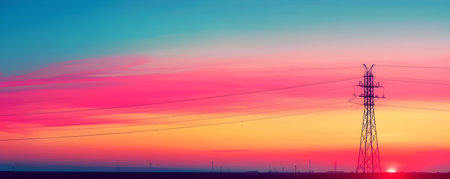 Silhouetted electric tower against colorful sunset sky high voltage powerline structure. Concept Sunset Silhouette, Electric Tower, High Voltage Powerline, Colorful Sky, Structure Portraitの素材