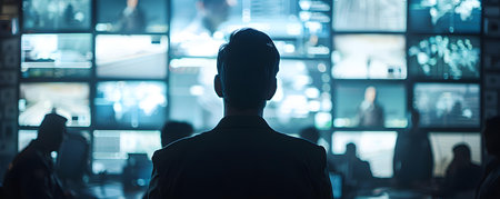 National security officers monitoring surveillance feeds in hightech central command center. Concept Security Monitoring, Surveillance Technology, Control Room Operations, National Securityの素材