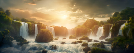 Majestic Waterfall: A Scenic Landscape under the Bright Sun's Golden Rays. Concept Scenic Landscape, Waterfall Photography, Bright Sunlight, Majestic Nature, Golden Raysの素材