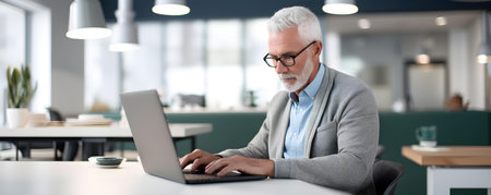 Senior man wearing glasses focused on work on laptop in home office. Concept Office setup, Senior man, Glasses, Laptop, Home officeの素材
