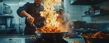 Chef expertly prepares flaming dish in busy restaurant kitchen closeup shot. Concept Restaurant Kitchen, Flaming Dish, Expert Chef, Closeup Shot, Busy Environmentの素材