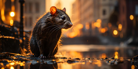 A rat rummages through garbage in a dirty city alleyway. Concept Urban Wildlife, Rat Behavior, City Environment, Garbage Disposal, Wildlife Adaptationの素材