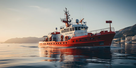 A rescue vessel ready to respond to emergencies along the coast. Concept Emergency Response, Coast Guard, Rescue Operations, Maritime Safetyの素材