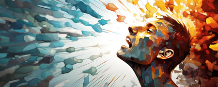 Abstract depiction of person fracturing into colorful fragments embodying mental struggles. Concept Mental Health, Abstract Art, Colorful Fragments, Depiction, Emotional Strugglesの素材