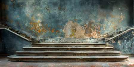 A wornout staircase in an old deteriorating entranceway. Concept Neglected Architecture, Urban Decay, Abandoned Spaces, Rustic Charm, Atmospheric Interiorsの素材