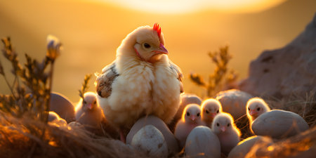 A hen watches over her chicks in the warm glow of sunrise. Concept Nature, Farm Life, Sunrise, Hen, Chicksの素材
