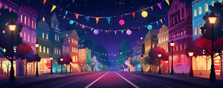 City street filled with colorful lights and festive carnival decorations at night. Concept Night Photography, Cityscape, Festive Decorations, Light Trails, Urban Explorationの素材