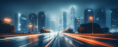 City road at night with traffic under bright urban lights Perfect for design projects. Concept Nighttime Cityscape, Urban Traffic, Bright Lights, Design Inspirationの素材