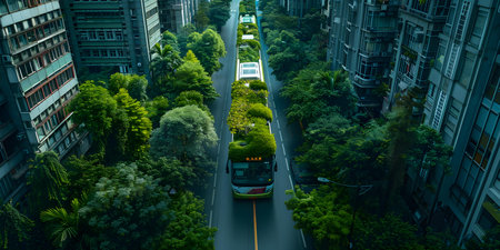 Futuristic Green Urban Transport: Hydrogen or Electric Buses for Sustainable Energy. Concept Urban Transport, Sustainable Energy, Futuristic Technology, Hydrogen Buses, Electric Busesの素材