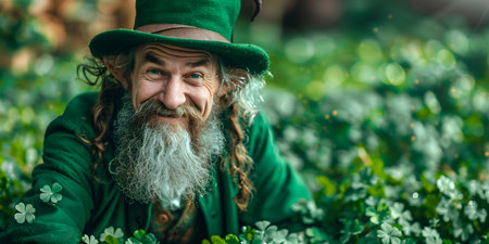 Cheerful leprechaun surrounded by clovers on festive St Patricks Day scene. Concept St, Patrick's Day, Leprechaun, Clovers, Festive Scene, Cheerfulの素材