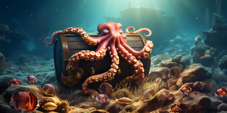 Octopus with treasure chest and gold coins rests on ocean floor. Concept Seaside Adventure, Underwater Exploration, Mythical Creatures, Ocean Treasures, Marine Life Discoveryの素材