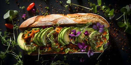 View from above of a nutritious vegetarian sandwich with avocado and veggies. Concept Food Photography, Vegetarian Sandwich, Avocado, Veggies, Fresh Ingredientsの素材