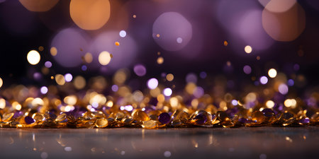 Shimmering purple and gold bokeh background with captivating sparkle and texture. Concept Photography, Bokeh Background, Purple and Gold, Sparkle, Textureの素材