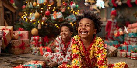 Kids in pajamas giggle by a Christmas tree amidst giftwrapped surprises. Concept Christmas, Kids, Pajamas, Tree, Giftsの素材