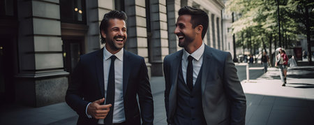 Two professionals in formal attire leaving a courthouse smiling confidently and happily. Concept Professional Success, Courthouse, Fashionable Attire, Confident Smilesの素材