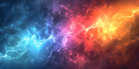 Vibrant rainbow hues contrast with striking lightning bolts in dramatic storm sky. Concept Rainbow Colors, Lightning Storm, Dramatic Sky, Contrast, Vibrant Huesの素材
