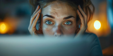 Woman looking fatigued and experiencing eye strain rubbing her tired eyes. Concept Eyestrain, Fatigue, Tired Eyes, Eye Rubbing, Womanの素材