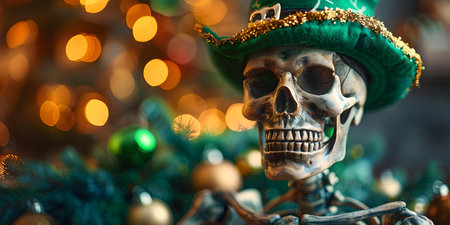 Skeleton in festive St Patricks hat against blurred lights backdrop. Concept St Patricks Day, Festive Skeleton, Blurred Lights, Holiday Costumes, Photography Ideasの素材