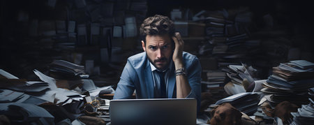 Overwhelmed businessman in dark office experiencing burnout and exhaustion from work. Concept Burnout, Overwhelmed, Business, Exhaustion, Stressの素材