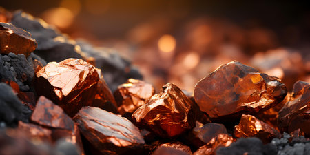 Copper Ore Closeup: Ideal for Metal Industries at Mining Site. Concept Mining Industry, Copper Ore, Metal Processing, Mineral Extraction, Industrial Photographyの素材