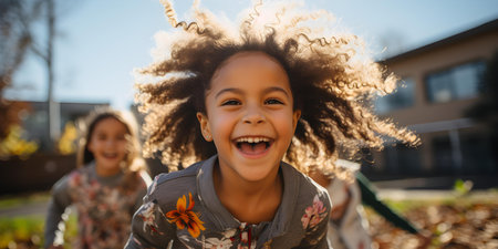 Diverse group of children having fun outside in a schoolyard. Concept Schoolyard Fun, Children Playing, Diverse Group, Outdoor Activities, Joyful Momentsの素材