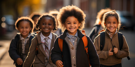 Diverse Group of Elementary Students Eagerly Heading to School on First Day. Concept First Day of School, Elementary Students, Diverse Group, Eager, Back to Schoolの素材