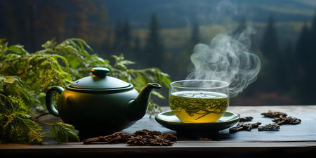 Invigorating herbal tea in a steamy cup Asian influence wellness drink. Concept Herbal Tea, Steamy Cup, Wellness Drink, Asian Influence Herbsの素材