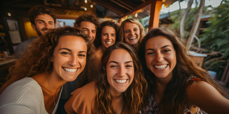 Group of friends capture fun moment with selfie during casual gathering. Concept Casual Gathering, Friends Selfie, Fun Moments, Group Photos, Casual Posesの素材