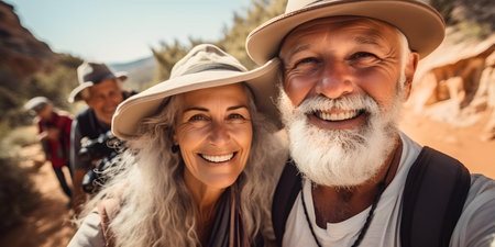 Elderly group hiking outdoors taking a selfie to promote health and friendship. Concept Outdoor Photoshoot, Elderly Health, Group Activities, Friendship, Selfieの素材
