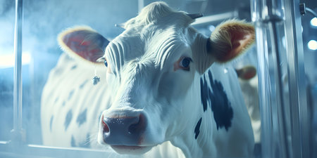 Advanced Dairy Technology: High-Tech Machine Extracts Milk from a Happy Cow. Concept Dairy Technology, High-Tech Machines, Milk Extraction, Happy Cows, Advanced Techniquesの素材