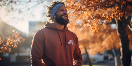 A jovial man with a beard smiling in the park on summer day. Concept Outdoor Photoshoot, Happy Man, Beard, Smiling, Parkの素材