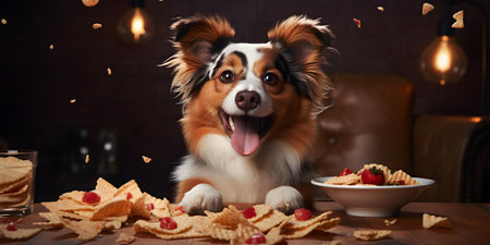 Dog happily chowing down on delicious meal feeling pampered and content. Concept Dog Care, Pet Health, Mealtime Happiness, Pampered Pets, Content Caninesの素材