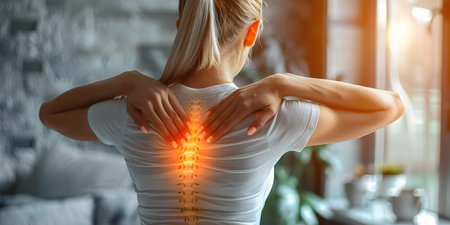 Woman in pain clutching her back and neck displaying discomfort and distress. Concept Pain, Discomfort, Backache, Neckache, Distressの素材