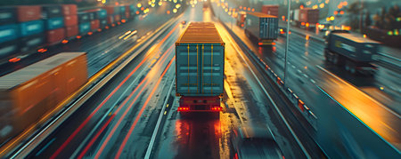 A cargo hauling containers along a busy highway in global logistics. Concept Transportation, Cargo Truck, Global Logistics, Highway Traffic, Shipping Containersの素材