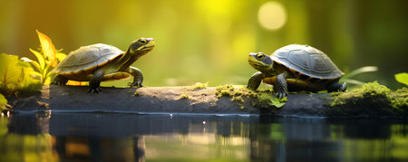 A dynamic encounter between a frog and a turtle in nature. Concept Wildlife Photography, Animal Interaction, Nature Encounter, Reptile Portrait, Amphibian Close-upの素材