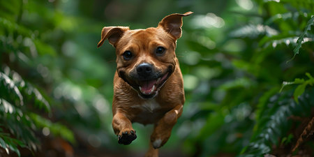 Joyful Dog Enjoying a Run in a Large Park. Concept Dog Photography, Outdoor Activities, Pets in Motion, Happy Pup, Sunshine and Smilesの素材