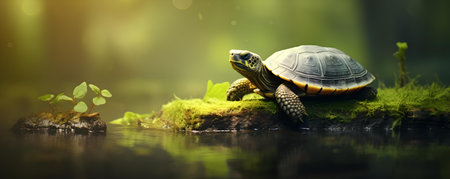 An Engaging Interaction between a Frog and a Turtle in the Wild. Concept Wildlife Photography, Animal Interaction, Aquatic Creatures, Nature Encountersの素材