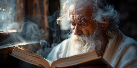 A Wise Elder Engrossed in Reading. Concept Reading, Wisdom, Elder, Thoughtful Portrait, Studious Posesの素材