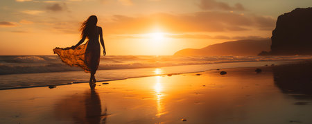 Embracing Freedom: A Smiling Woman Strolling on the Beach at Sunset. Concept Beach, Sunset, Portrait, Smiling, Freedomの素材