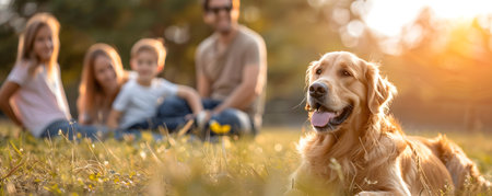 A family enjoys quality time outdoors with their playful golden retriever. Concept Family Time, Outdoor Fun, Pet Photography, Golden Retriever, Quality Momentsの素材