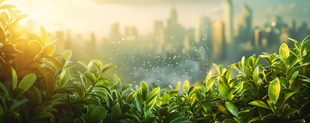 A city skyline with lush trees featuring a green environment celebration. Concept Cityscape, Lush Trees, Green Environment, Urban Nature, Sustainabilityの素材