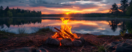 A serene lakeside campsite with a glowing fire under a brilliant sunset. Concept Lakeside Camping, Sunset Fire, Serene Nature, Outdoor Adventure, Peaceful Settingの素材