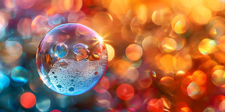 Vibrant soap bubble in focus with colorful rainbow hues swirling in the background. Concept Soap Bubble Art, Rainbow Colors, Swirling Hues, Creative Photography, Vibrant Compositionの素材