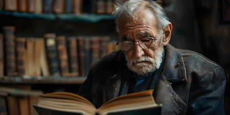 An Elderly Man engrossed in Reading, Exemplifying Wisdom and Intellect. Concept Reading, Wisdom, Intellect, Elderly, Portraitsの素材