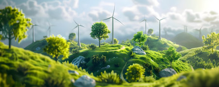 An intricate D landscape showing various energy sources in a neverending loop. Concept Energy Sources, Intricate Design, 3D Landscape, Neverending Loop, Sustainability Conceptの素材