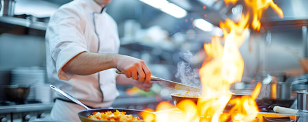 Chef expertly prepares flaming dish in busy restaurant kitchen closeup shot. Concept Cooking Show, Culinary Skills, Flame Technique, Restaurant Kitchen, Food Presentationの素材