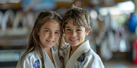 Boy and girl practicing Brazilian jiu jitsu in a competitive match. Concept Sports Photography, Martial Arts, Competitive Match, Brazilian Jiu Jitsu, Grappling Techniquesの素材
